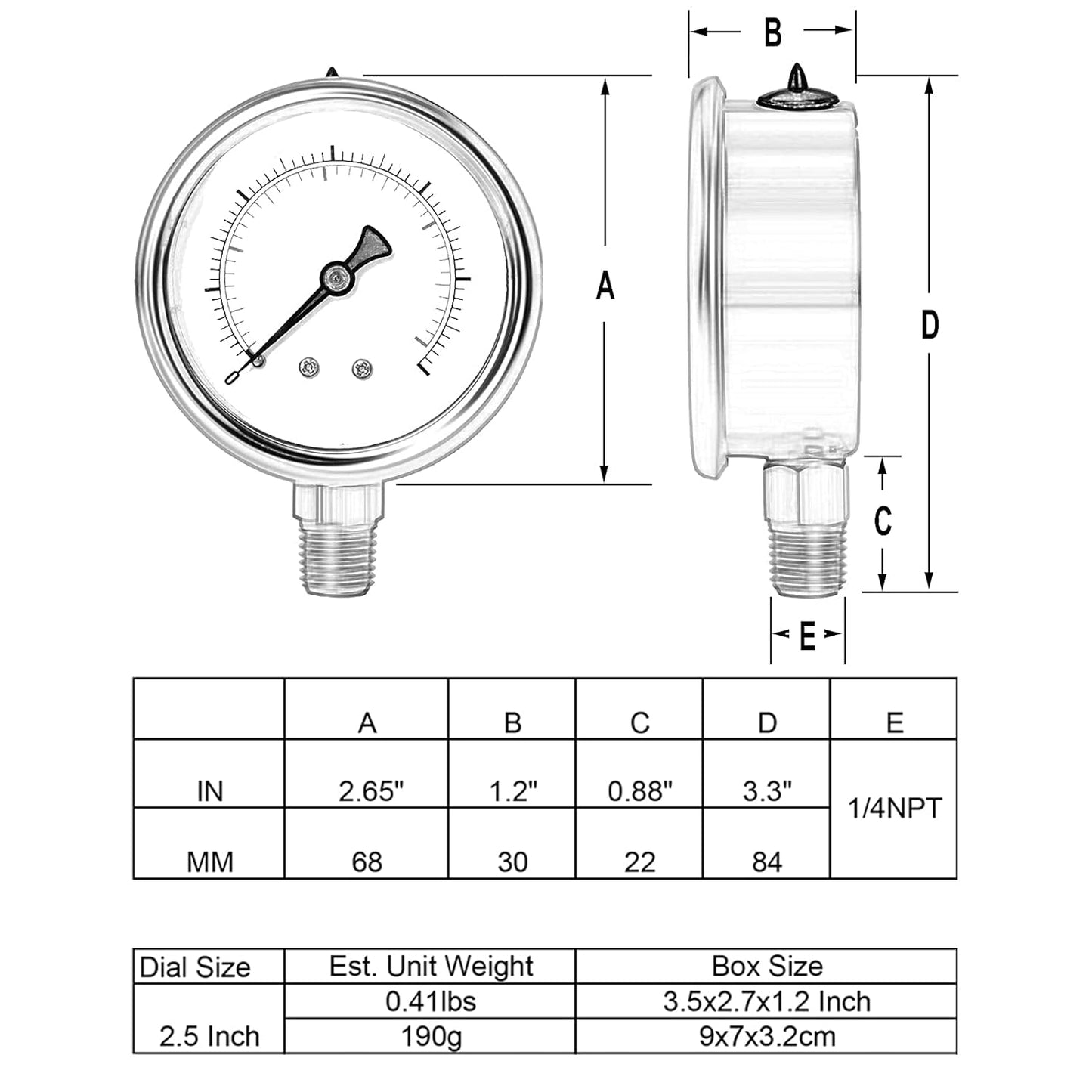 Glycerin Filled Pressure Gauge 200psi/14bar, Stainless Steel case, Brass Inside Construction, 2-1/2" dial, 1/4" NPT Rear Connection.