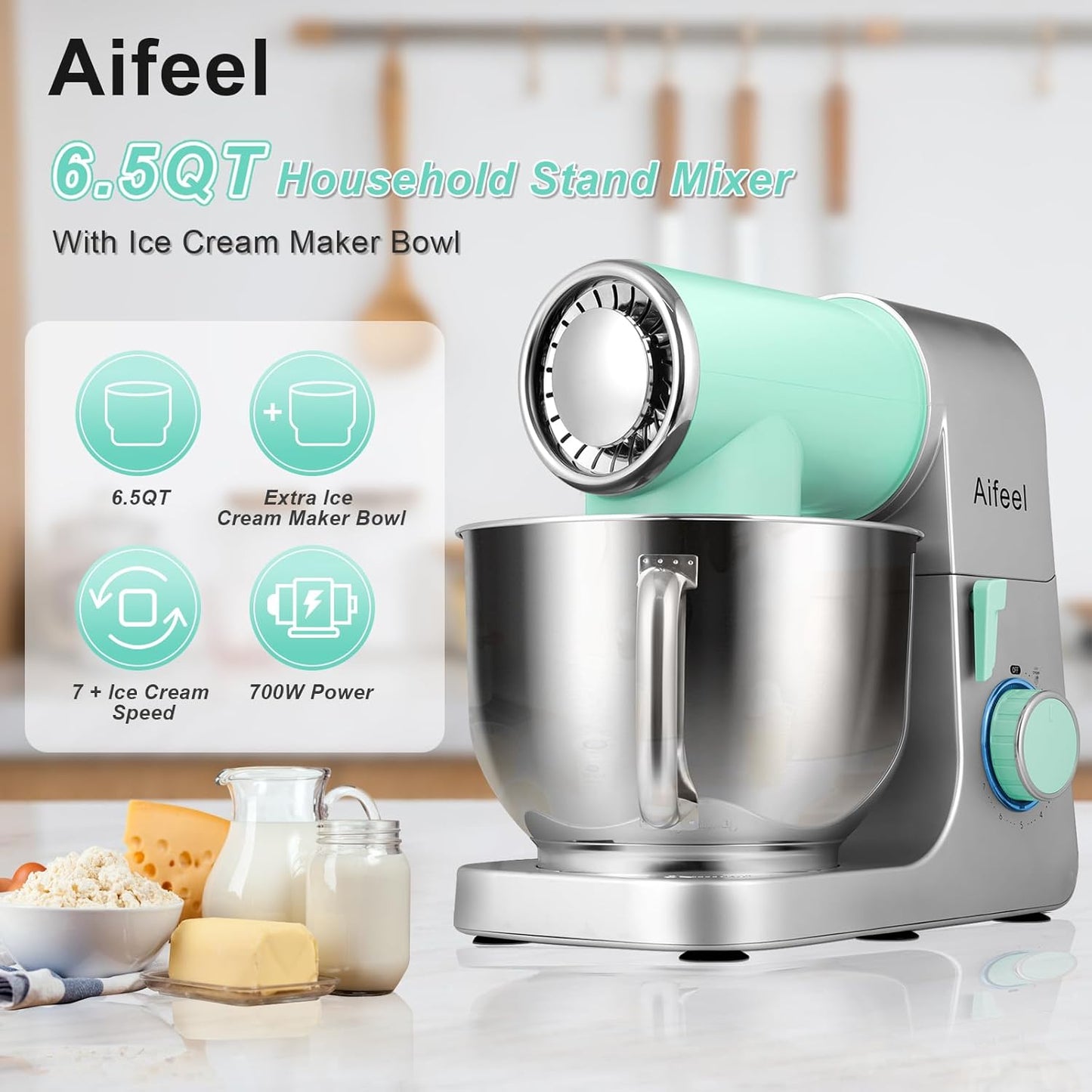 Aifeel Stand Mixer,6.5QT Kitchen Electric Mixer with 2QT Ice Cream Maker Bowl, 6 in 1 Multifunctional Bread Dough Mixer with Dough Hook,Whisk & Beater, Food Mixer for Baking (Green-Silver)