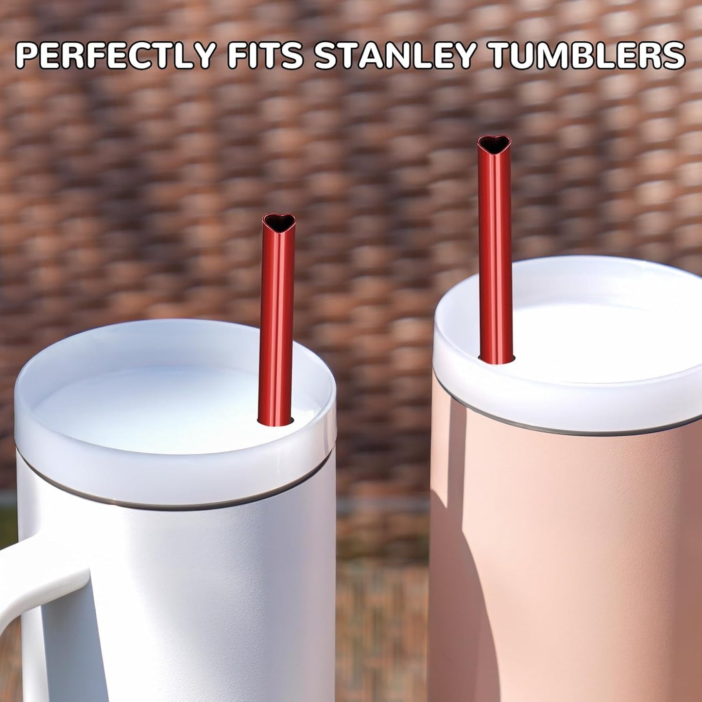 NiHome 10-Pack Heart-Shaped Stainless Steel Drinking Straws with 2 Cleaning Brushes, 12" Long Reusable Straws for Stanley Tumbler 30oz 40oz, Dishwasher Safe, Safe Edges for Kids (Pearl Red)