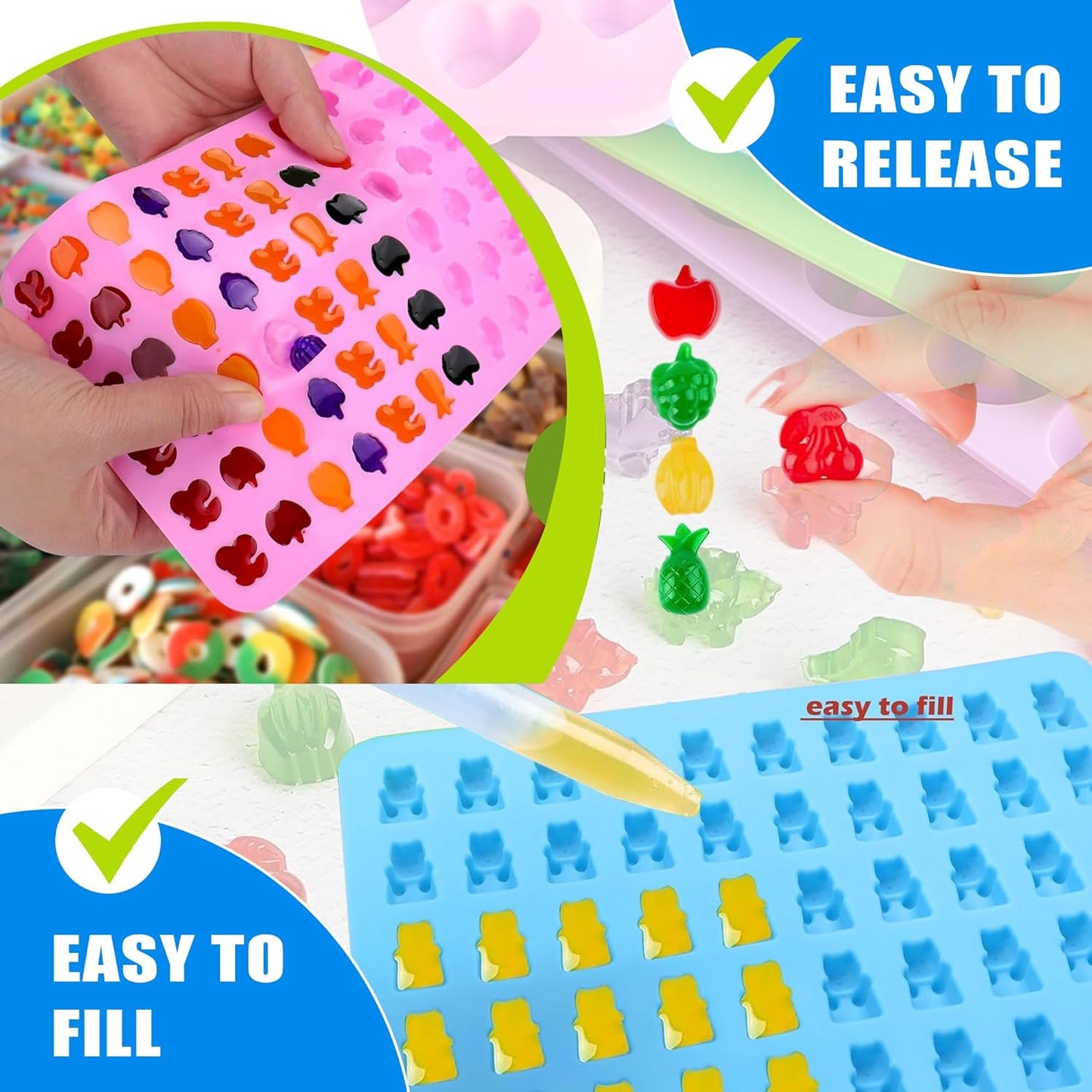 Silicone Gummy Molds Set of 4, Non-stick Candy Chocolate Molds with 2 Droppers 2 Clean Brush, Includes Dinosaur Bear Fruit Animal Shape