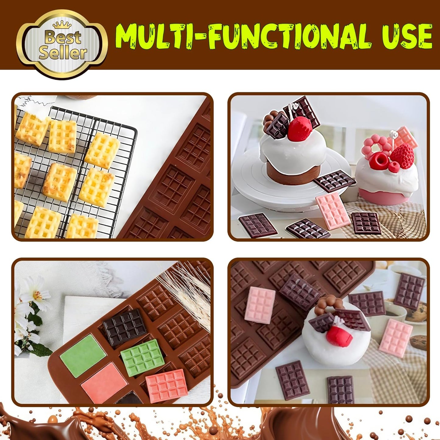 Break-Apart Chocolate Molds, Non-Stick Silicone Chocolate Bar Mold, Food Grade Candy Bar Mold, Perfect for Energy Bar, Cocoa Mini Bar, Basic Bites - 4 Pack