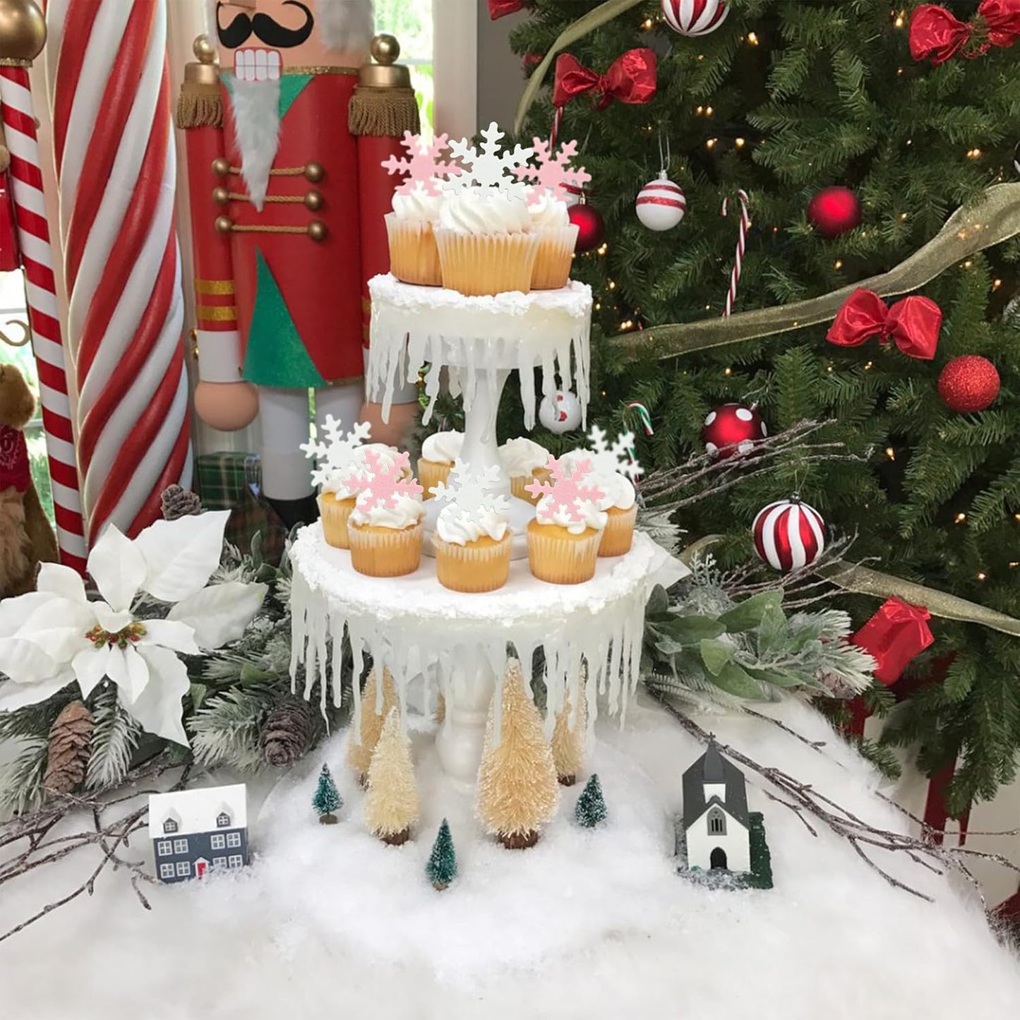 Gyufise 50Pcs Pink Edible Cupcake Cake Toppers Snowflake Cake Decorations for Christmas Winter Frozen Theme Party Supply Decoration Pink White