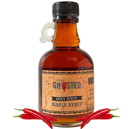 WOOD'S “Ghosted” Maple Syrup – Ghost Pepper Infused | Sweet & Spicy Flavor Fusion | Small-Batch Vermont Syrup with Real Ghost Pepper Extract | Vegan, Natural, Eco-Friendly | Great for Cocktails, BBQ, Glazes & More |8.45 Fl Oz (250mL)