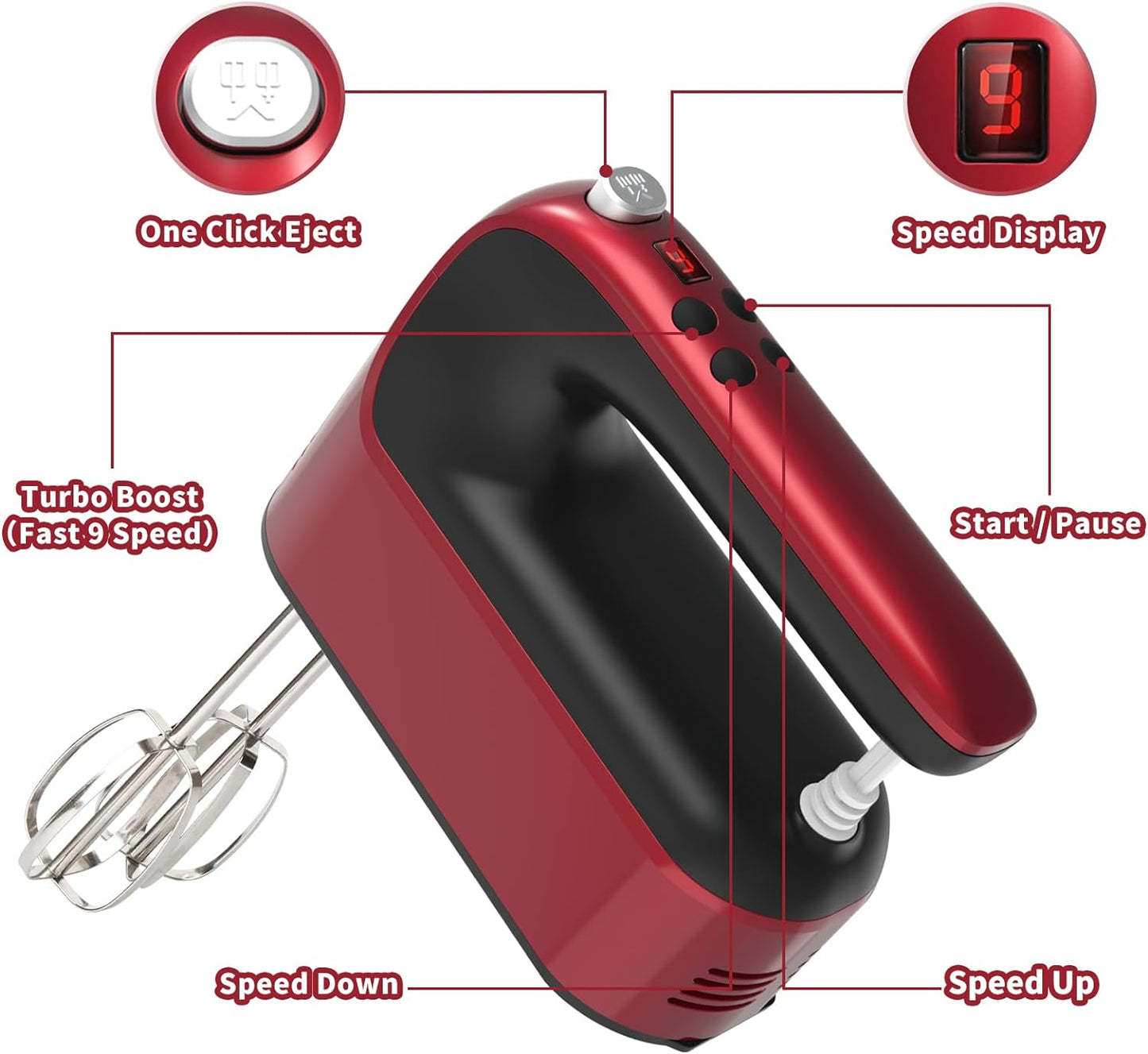 9-Speed Digital Hand Mixer Electric, 400W DC Motor, Hand Mixer electric Handheld with Snap-On Storage Case, Touch Button, Turbo Boost, 5x Stainless Steel Accessories (Red)