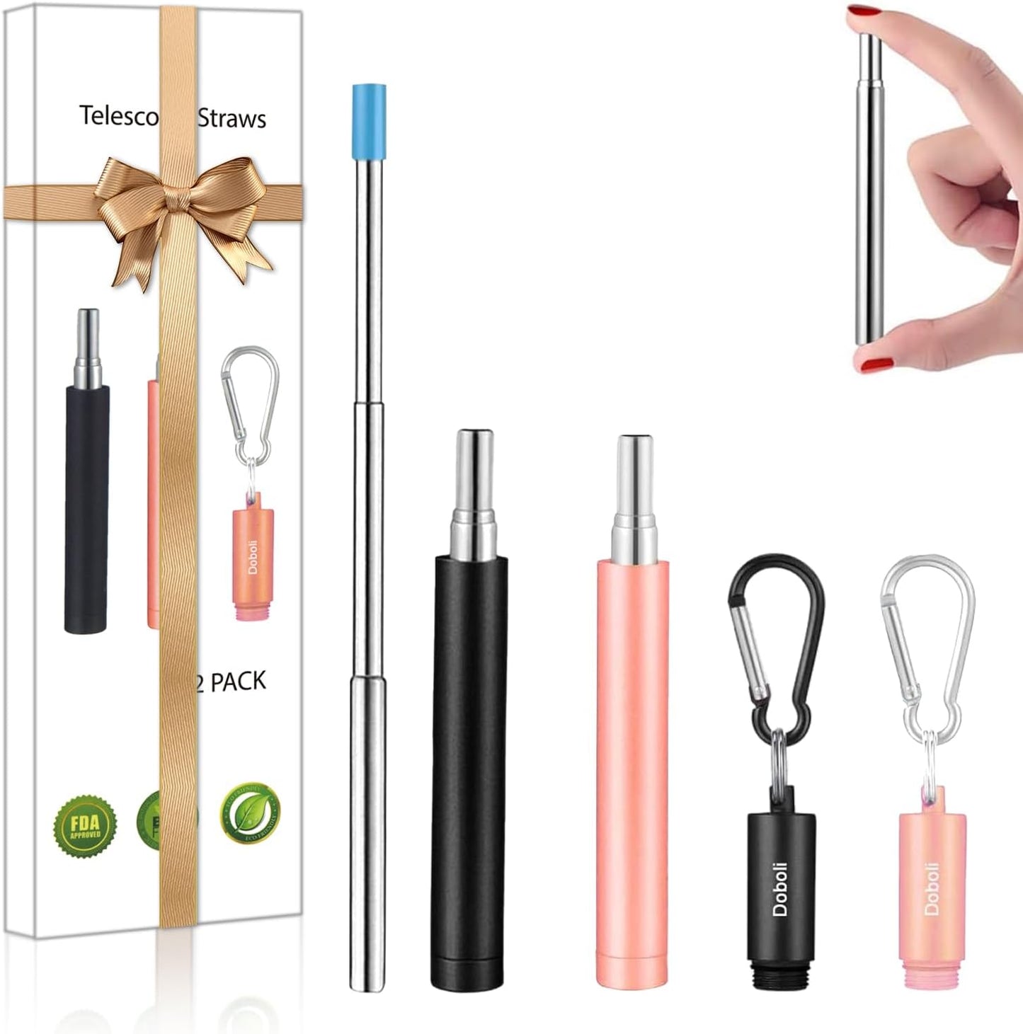 2 Pack Reusable Metal Straws Collapsible Stainless Steel Drinking Straw Travel Portable Telescopic Straw with Case for Cruise Ship Essentials Black/Rose Gold