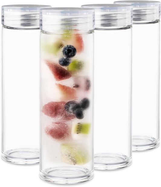 Glass Water Bottles - 4 Pack Wide Mouth Juice Bottles with Clear Lids for Juicing, Smoothies, Fruit Water, Teas, Beverage Storage - 16oz, Leakproof, Reusable, Borosilicate