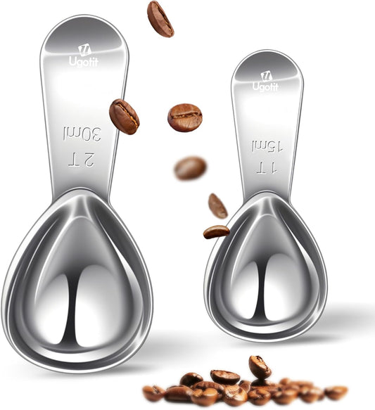 Coffee Scoop for Ground Coffee Set, 1 Tablespoon & 2 Tablespoon Measuring Scoop, Short Handle Heavy-Duty 304 Stainless Steel, Fits Canisters for Coffee bean, Espresso & Protein Powder