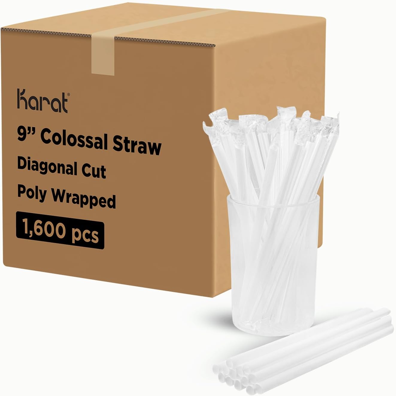 Karat 9" Boba Straws(10mm Diameter), Poly-Wrapped, Assorted Solid Colors (White)
