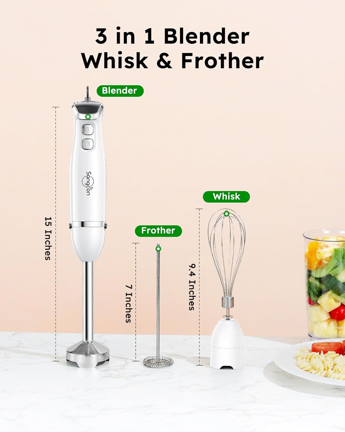 Sangcon Immersion Blender Handheld, 3-in-1 Hand Blender Electric, 400W Handheld Blender, Stainless Steel Blade Stick Blender with Whisk, Milk Frother Attachments - White