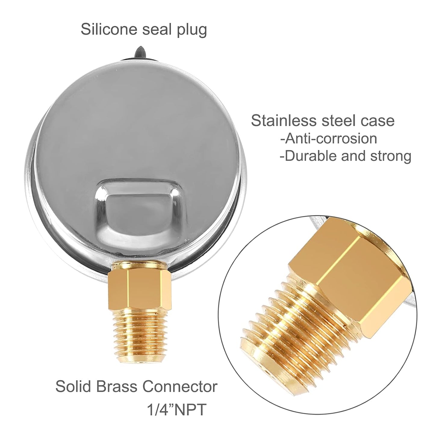 Liquid Filled Fuel Pressure Gauge with 2" Dial and 304 Stainless Steel case, 0-100Psi, 2% Accuracy, 1/4" NPT Center Lower Mount