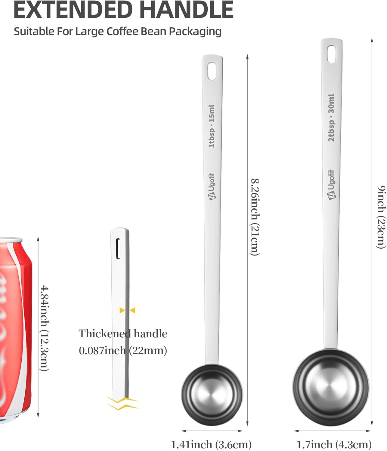 Coffee Scoop 1 Tablespoon with Extended Handle, Permanent Engraved 304 Stainless Steel Measuring Scoop for Ground Coffee, Spices (2pcs)