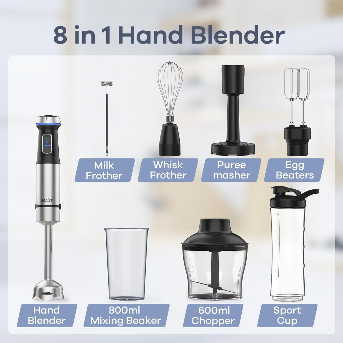 Ganiza 8 in 1 Immersion Blender - 1000W Heavy Duty Motor, 16 Speed Mode Handheld Blender With Stainless Steel Shaft - Includes 8 Total Pieces