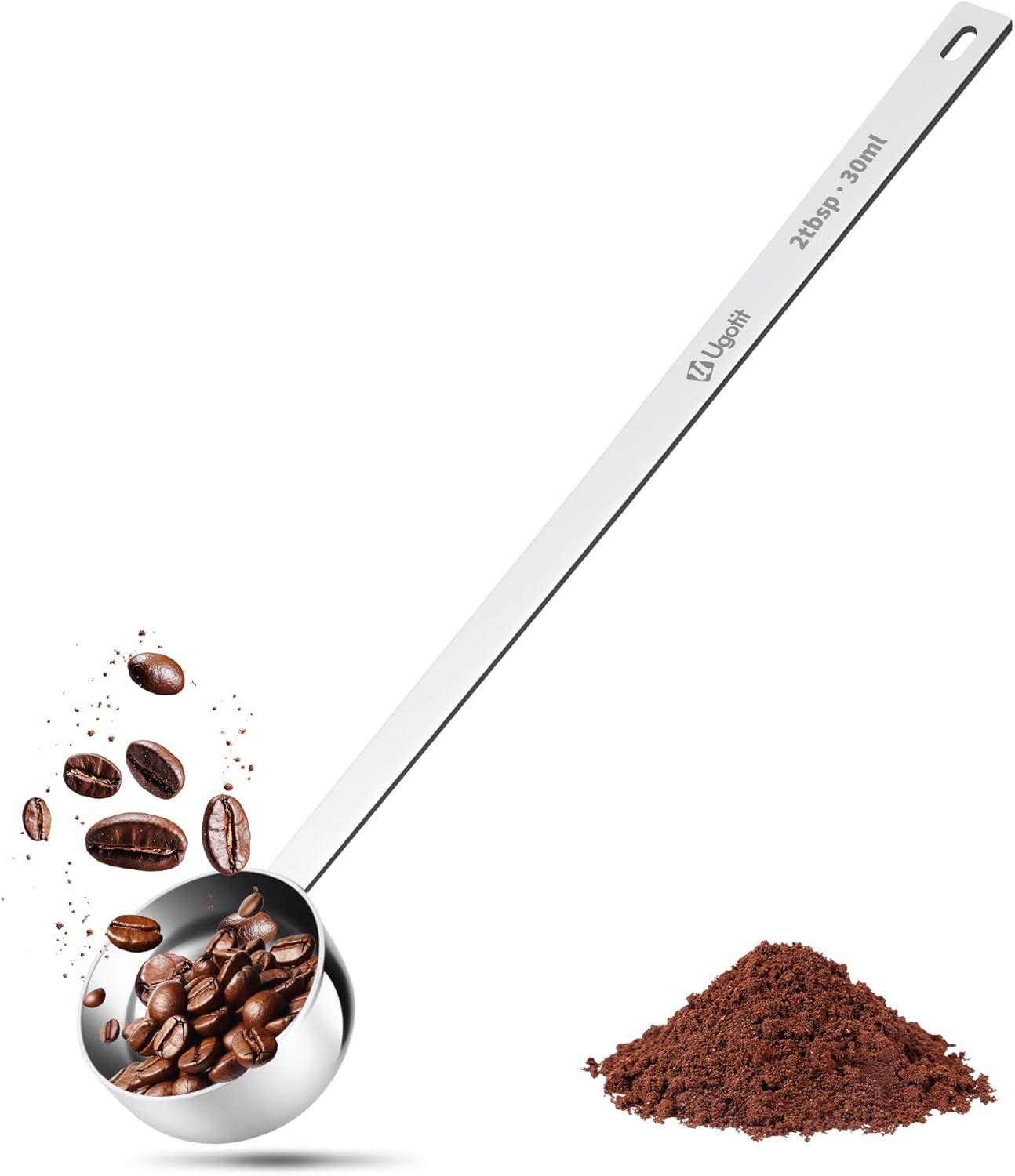 304 Stainless Steel Coffee Measuring Scoop, 9inch Long Handled 2 Tablespoon Coffee Scoop for Ground Coffee, Protein Powder, Baking, Hanging Hole