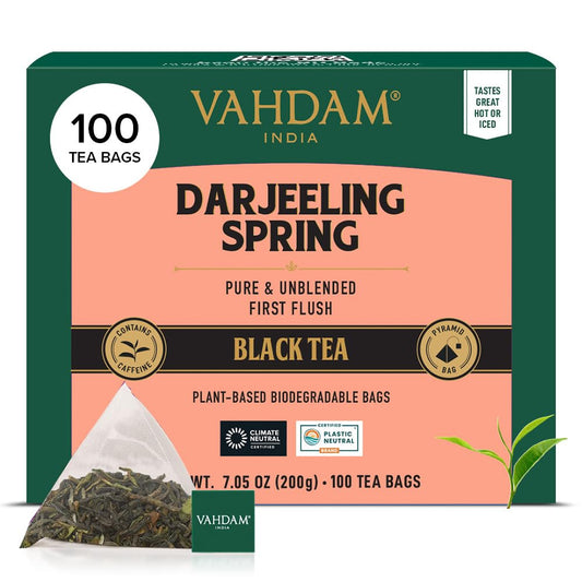 VAHDAM, Exotic Darjeeling First Flush Tea Leaves (100 Black Tea Bags) High Caffeine, Non GMO, Gluten Free | Aromatic & Robust | Unblended First Flush Darjeeling Tea Bags | Resealable Ziplock Pouch