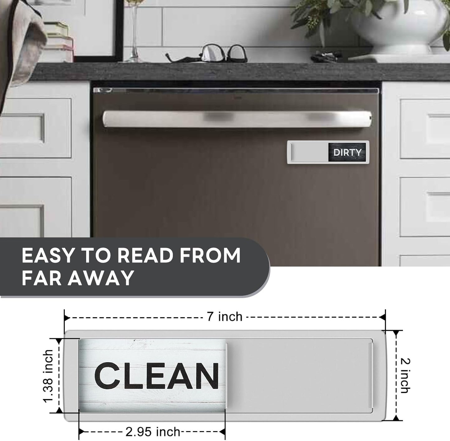 KitchenTour Dishwasher Magnet Clean Dirty Sign, Strong Magnet Clean Dirty Sign for Dishwasher, Farmhouse Wood Design Non-Scratch Dish Washer Indicator Kitchen Decor, Silver