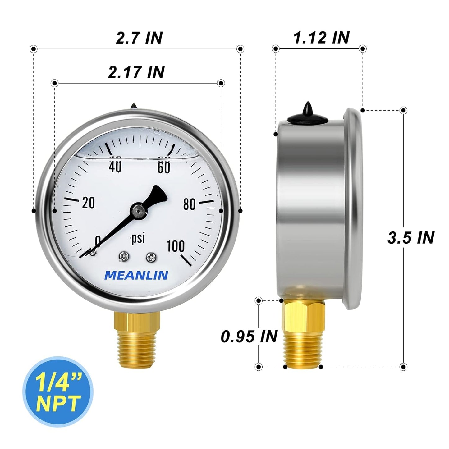MEANLIN MEASURE 2pcs 0~100Psi Stainless Steel 1/4" NPT 2.5" Single Scale FACE DIAL,Glycerin Filled Pressure Gauge, Lower Mount with 1/4" x 1/2" NPT and 1/4" x 3/8" NPT Hex Bushing