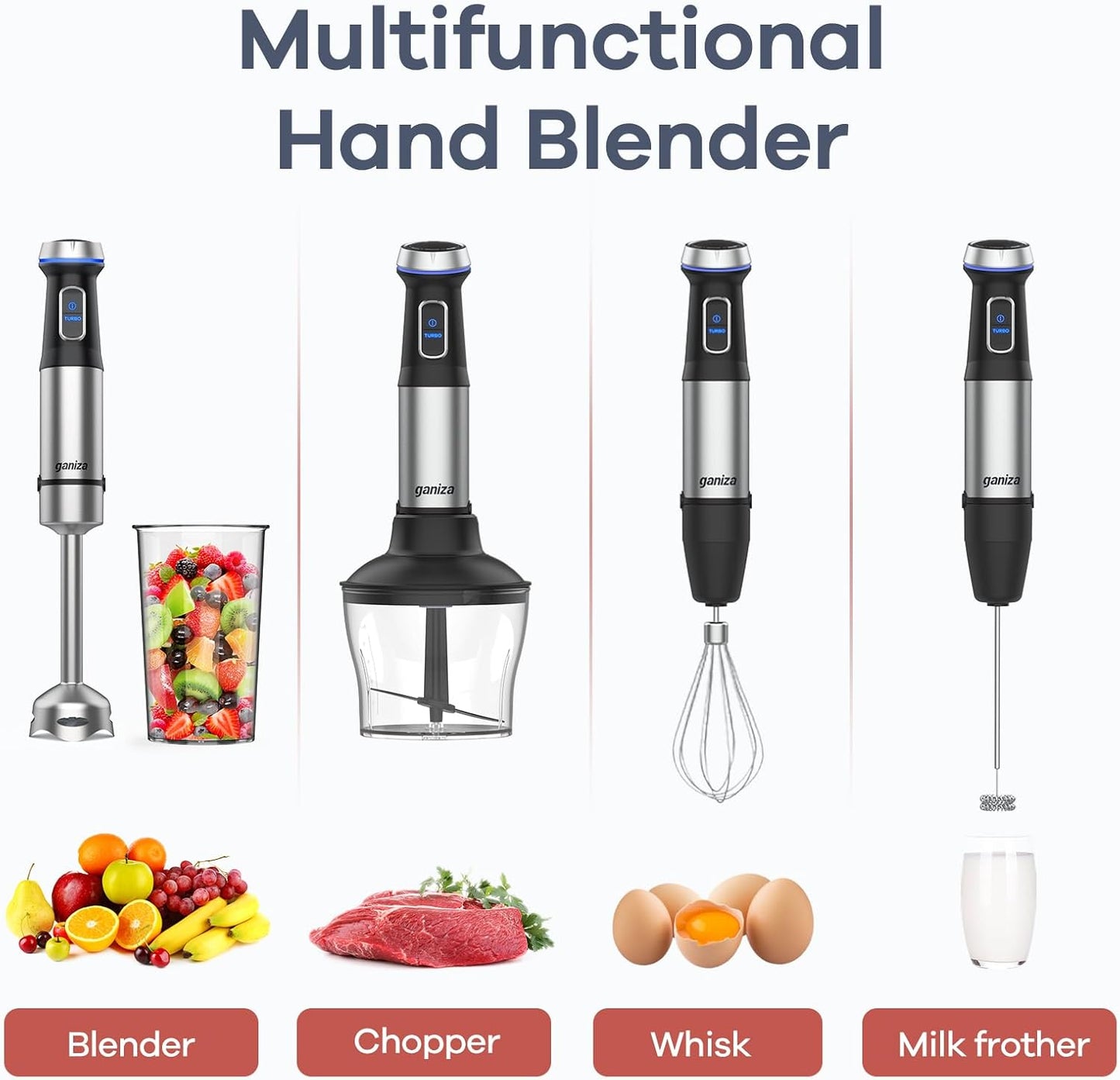 Ganiza Immersion Blender 5 in 1 Hand Blender Max 1000W Heavy Duty Motor, 16 Speed Mode Handheld Blender Stainless Steel Blade With 800ml Mixing Beaker, 600ml Chopper, Whisk and Milk Frother