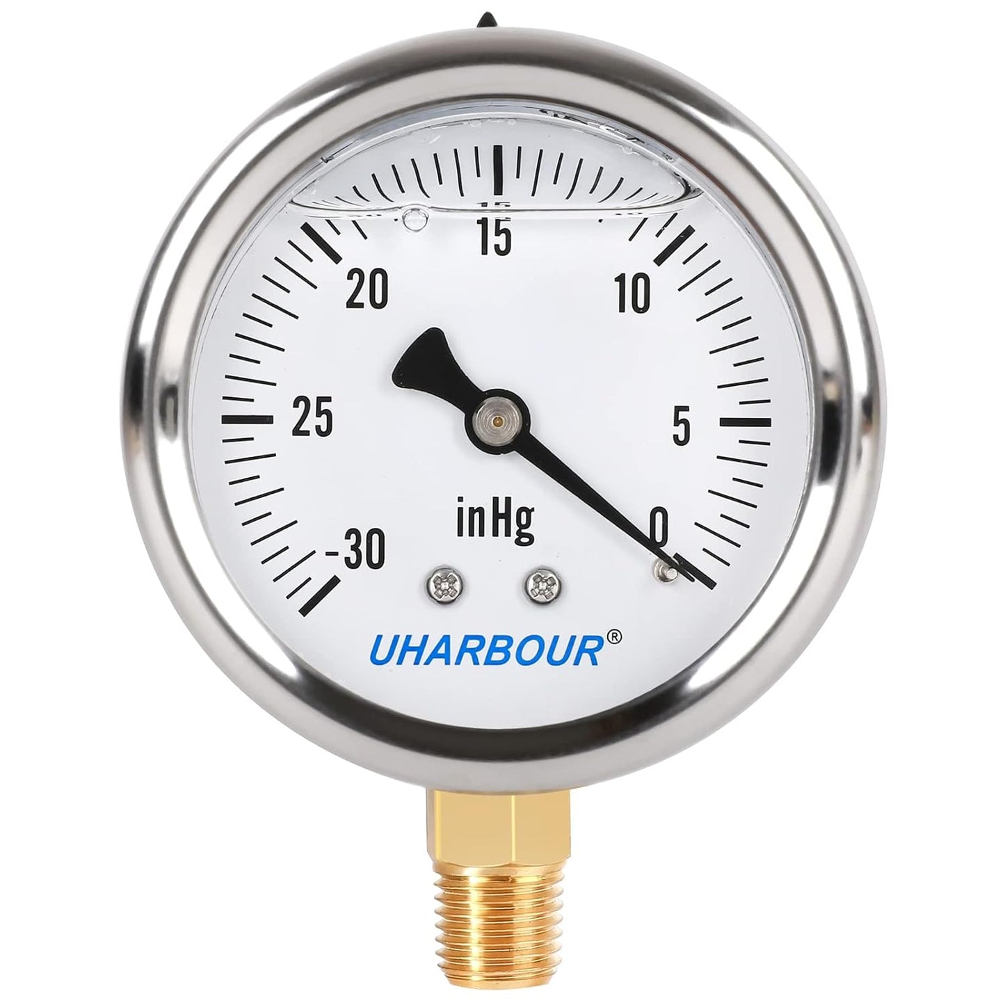 Glycerin Filled Pressure Gauge with 304 Stainless Steel Case, 2.5" Dial Size, 30InHg/0, High Accuracy, 1/4" NPT Center Lower Mount with Single Scale…