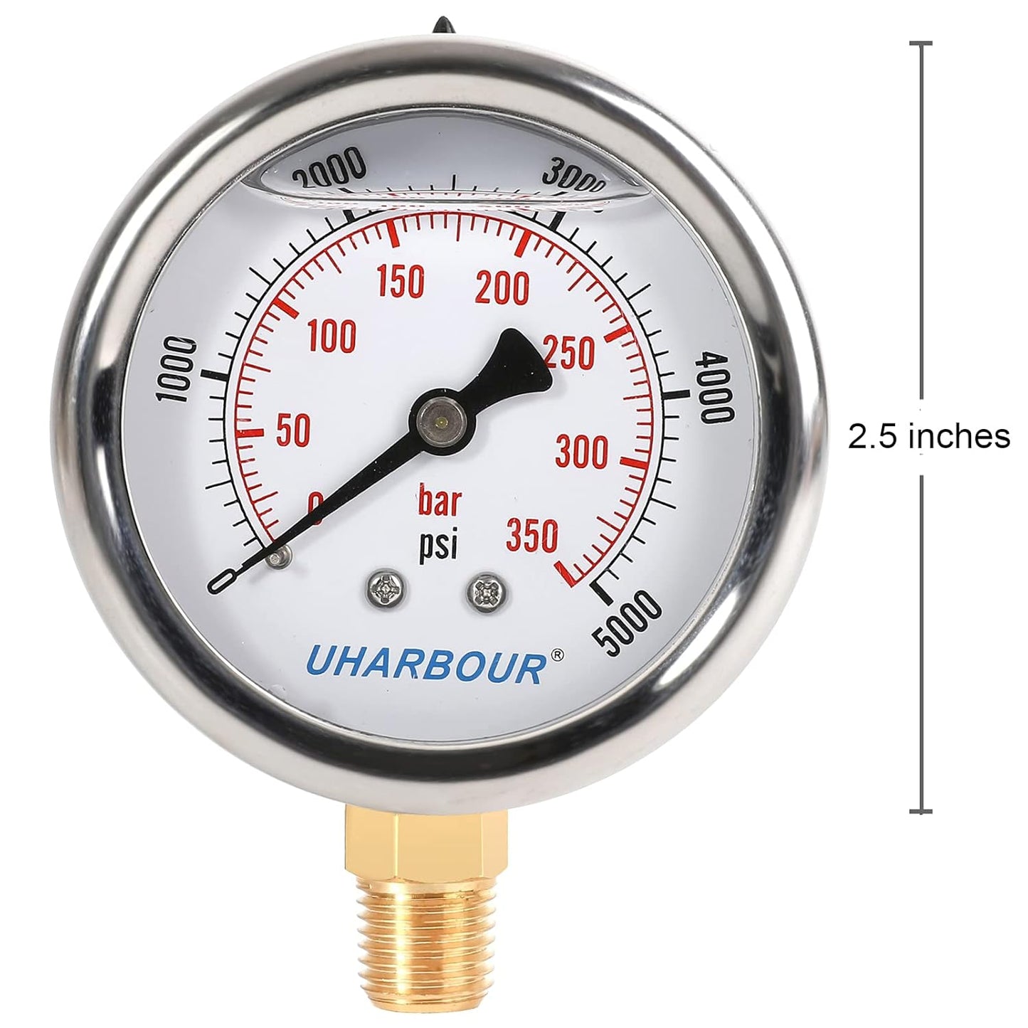 Glycerin Filled Pressure Gauge 5000psi/350bar, Stainless Steel case, Brass Inside Construction, 2-1/2" dial, 1/4" NPT Rear Connection.