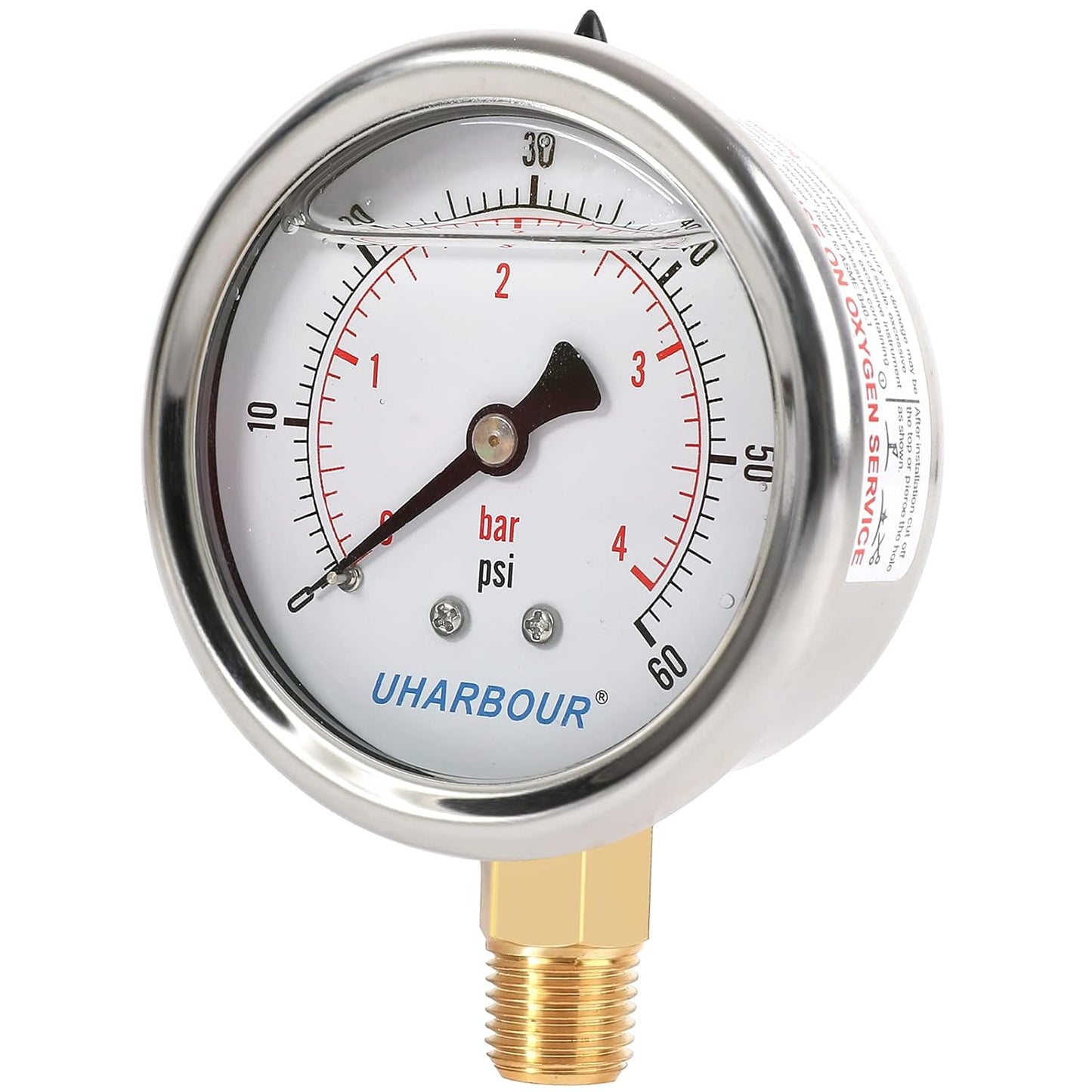 Glycerin Filled Low Pressure Gauge 60psi/4bar, Stainless Steel case, Brass Inside Construction, 2-1/2" dial, 1/4" NPT Rear Connection