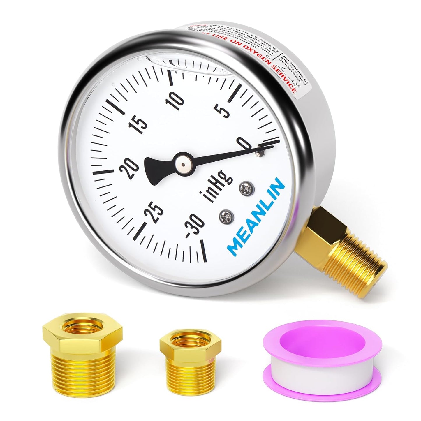 MEANLIN MEASURE -30~0Psi Stainless Steel 1/4" NPT 2.5" FACE DIAL,Vacuum Liquid Filled Pressure Gauge,Single Scale, WOG Water Oil Air Lower Mount, with 1/4" x 1/2" NPT and 1/4" x 3/8" NPT Hex Bushing