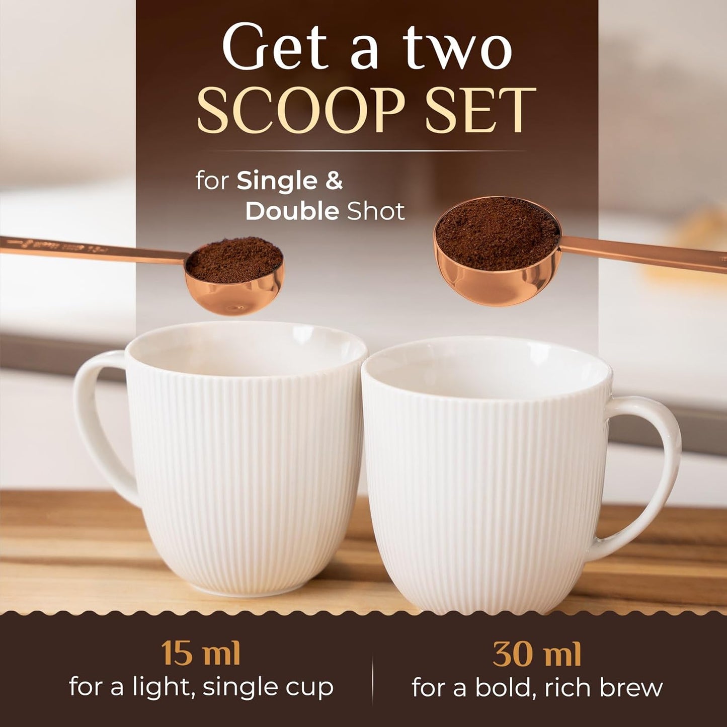 Orblue Premium Coffee Scoop Set - 1 Tbsp (15ml) & 2 Tbsp (30ml) Measuring Tablespoon - Stainless Steel Coffee Measuring Spoon and Scooper with Long Handles - Pack of 2 - Rose Gold
