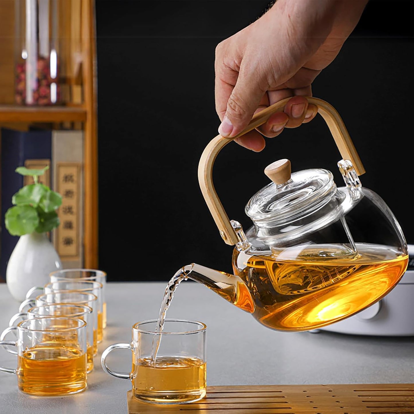 Glass Teapot with Infuser Clear Glass Tea Kettle with 6 Teacups, 900 ml Tea Pot Set for Stove Top, Loose Tea, Tea Maker Gift