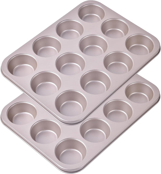 Mini Muffin Pan for Baking, Nonstick 12-Cavity Cupcake Pans, 2 Pack Cup Cake Tray, Bakeware for Oven Baking, Dishwasher Safe(Champagne Gold)