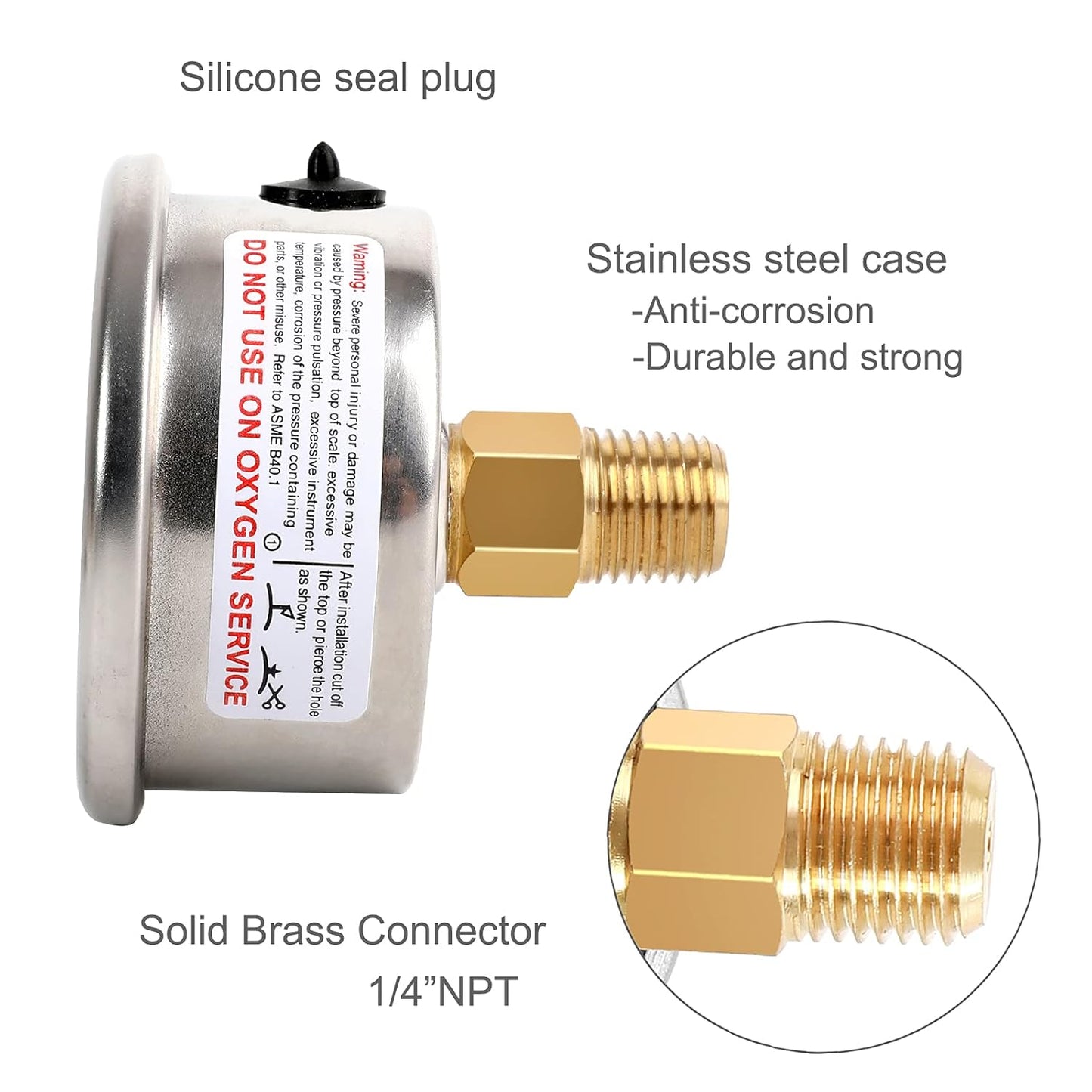 Glycerin Filled Pressure Gauge 100psi/7bar, Stainless Steel case, Brass Inside Construction, 2-1/2" dial, 1/4" NPT Back Connection.…