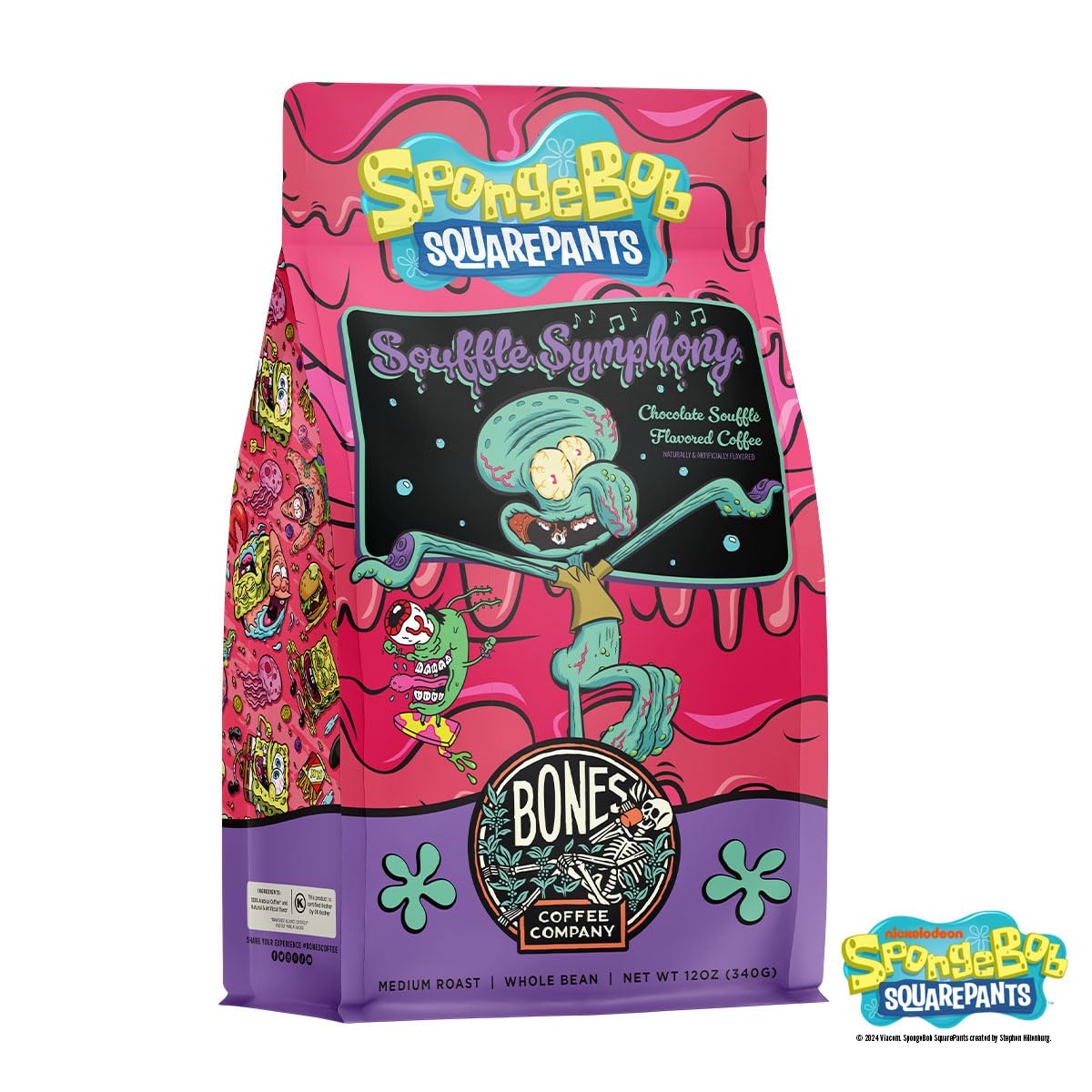 Bones Coffee Company Spongebob Soufflé Symphony, Chocolate Soufflé Flavored Ground Coffee Beans, Low Acid Medium Roast Arabica Beans Flavored Coffee, 12 oz Ground
