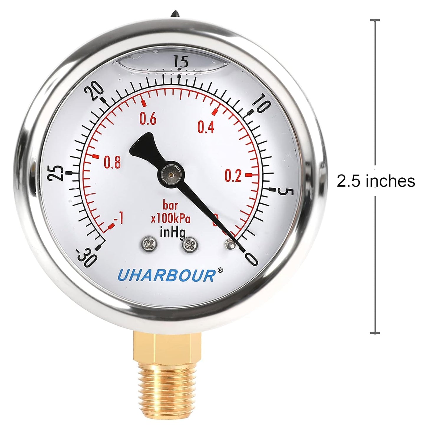 Glycerin Filled Vacuum Pressure Gauge, 2-1/2" Clear dial,1/4" NPT Bottom Connection, Stainless Steel Case, Brass Movement, Dual Scales -30inHg/-1BAR-0