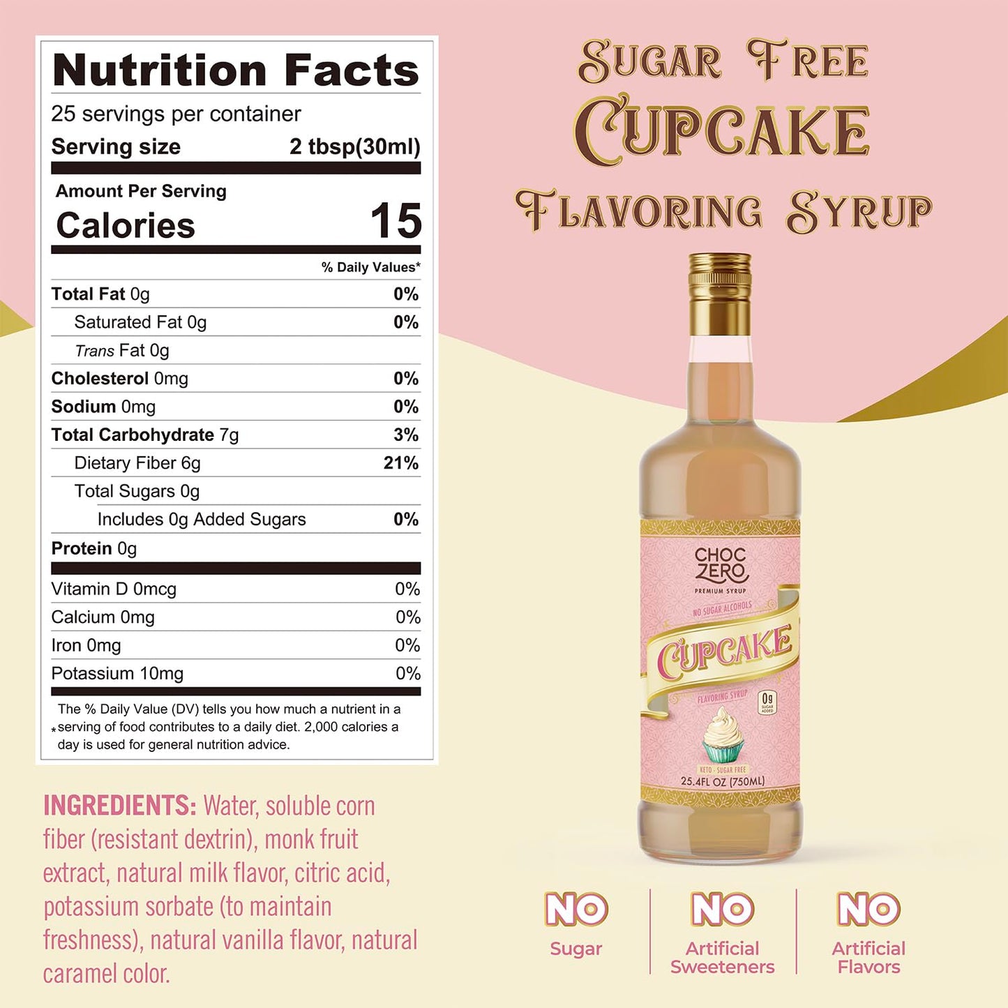 ChocZero Sugar Free Coffee Syrup, Cupcake Flavor, No Sucralose Simple Syrup Drink Mix, Birthday Cake Frappe, Protein Shakes & Baking, All Natural, 25.4 Ounces (Pack of 1)