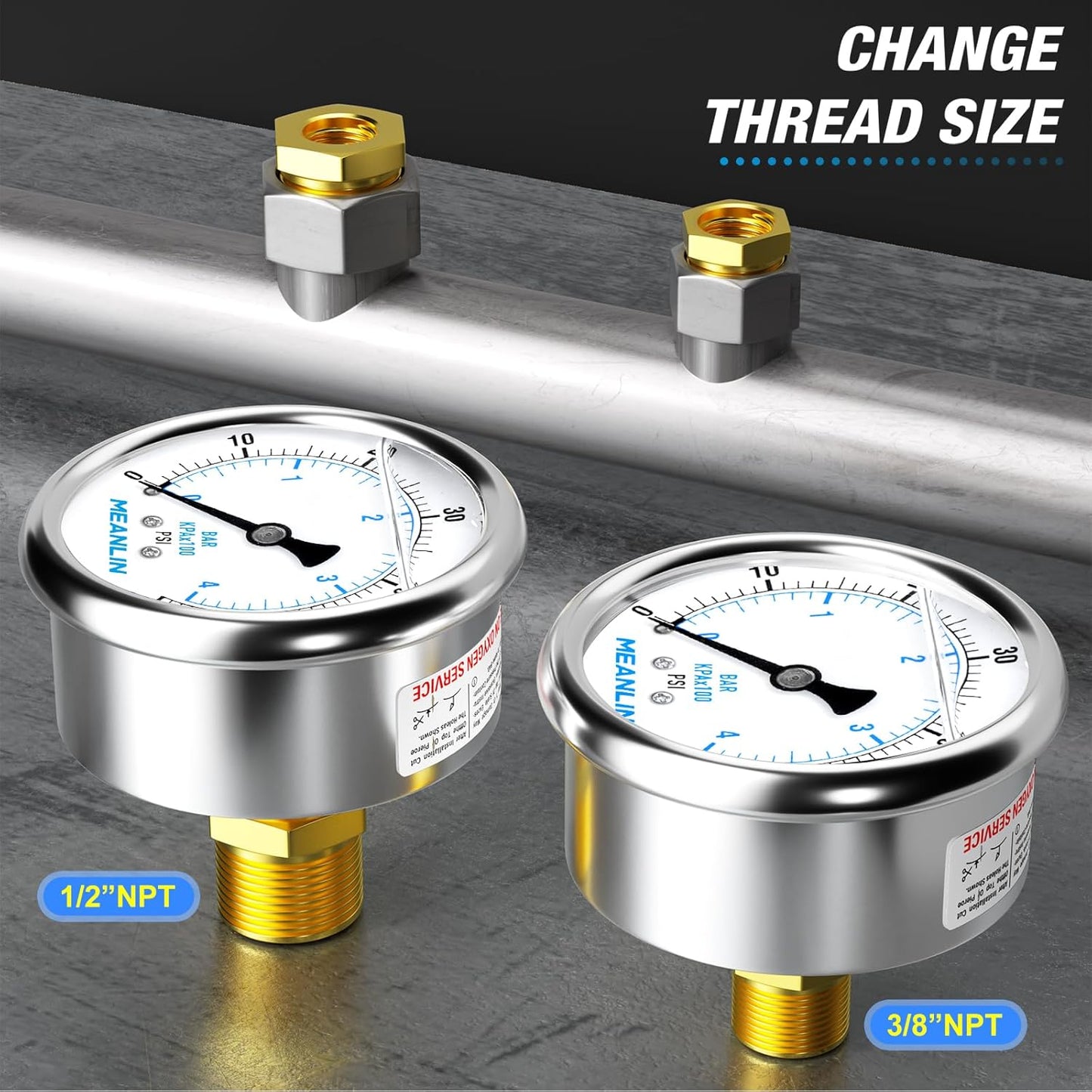 MEANLIN MEASURE 0~60Psi Stainless Steel 1/4" NPT 2.5" FACE DIAL Liquid Filled Pressure Gauge, Pool Sand Filter Pressure Test Center Back Mount, with 1/4" x 1/2" NPT and 1/4" x 3/8" NPT Hex Bushing