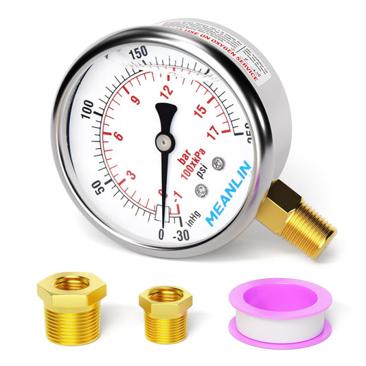 MEANLIN MEASURE -30inHG~250Psi Stainless Steel 1/4" NPT 2.5" FACE DIAL Vacuum Pressure Gauge, Lower Mount, with 1/4" x 1/2" NPT and 1/4" x 3/8" NPT Hex Bushing