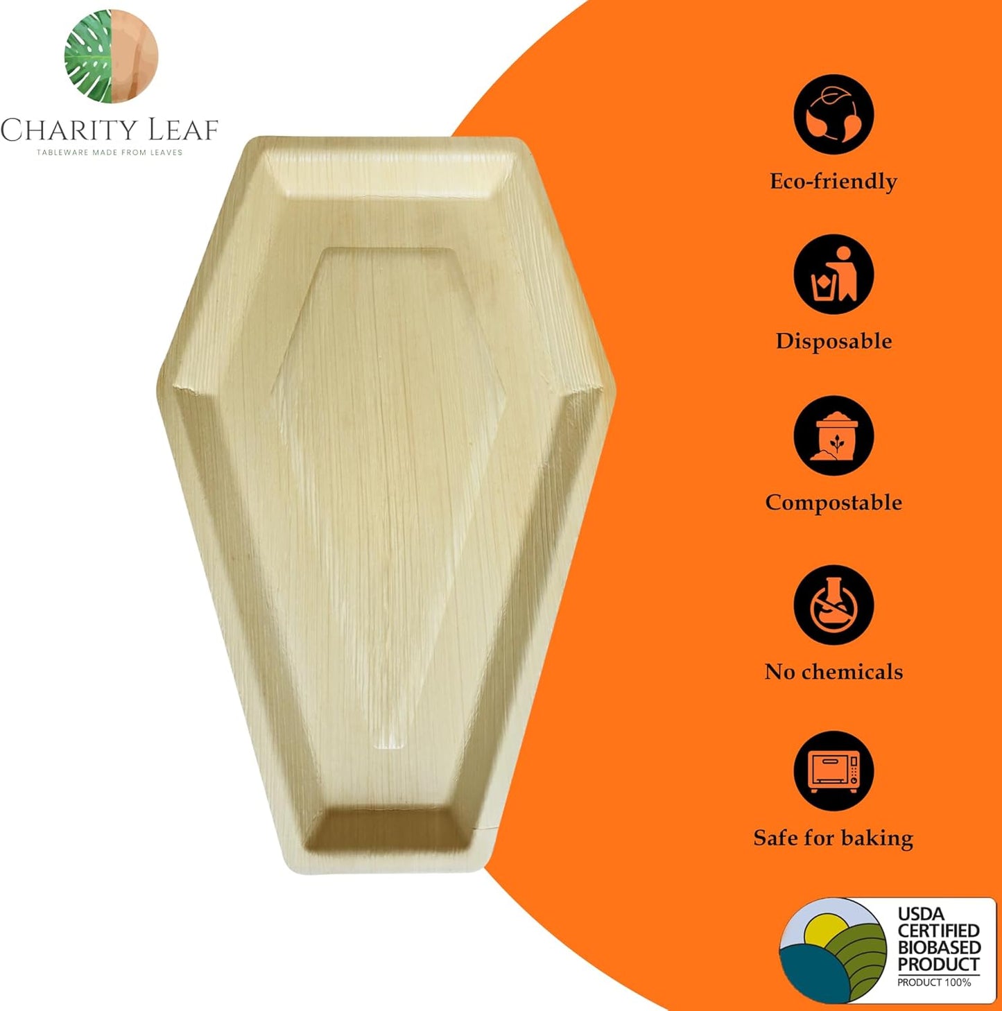Charity Leaf Disposable Palm Leaf 14"x9" Coffin Trays (5 pieces) Bamboo Like Serving Platters, Disposable Boards, Eco-Friendly Dinnerware For Halloween, Weddings, Catering, Events