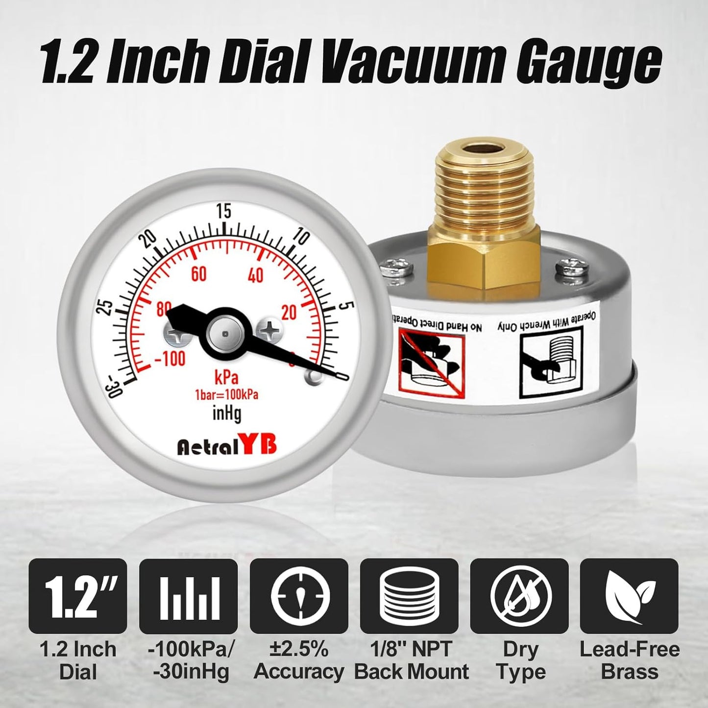 Mini Vacuum Pressure Gauge,Stainless Steel Housing,Brass Internal,1.2 Inch Dial,-30INHG/-100Kpa,NPT 1/8" Back Mount,Dry Type,Lead-Free, for Vacuum Pressure Test