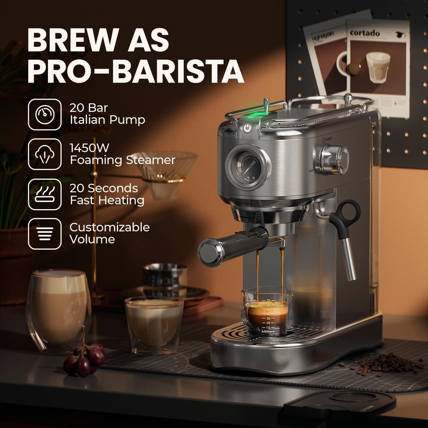 Espresso Machine - 20 Bar Espresso Maker with Milk Frother Steam Wand, Coffee Maker for Latte & Cappuccino, 1450W Semi-Automatic Coffee Machine with 34oz Removable Water Tank, Compact Kitchen