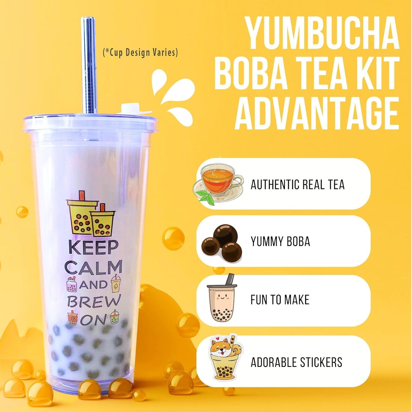 YUMBUCHA Instant Boba Making Kit - A Complete Set for Boba Tea Lovers - 30 Drinks, Reusable Cup & Straw, Tapioca Pearls, and Loose Leaf Teabags - White Peach Oolong, Jasmine Green, Classic Black