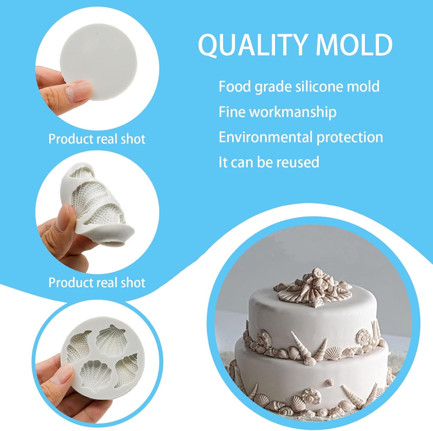 MEMOVAN Marine Theme Fondant Molds 4pcs Seashell Conch Starfish Silicone Baking Mold for Under the Sea Ocean Marine Cake Cupcake Decoration Chocolate Candy Soap Resin Clay Crafting