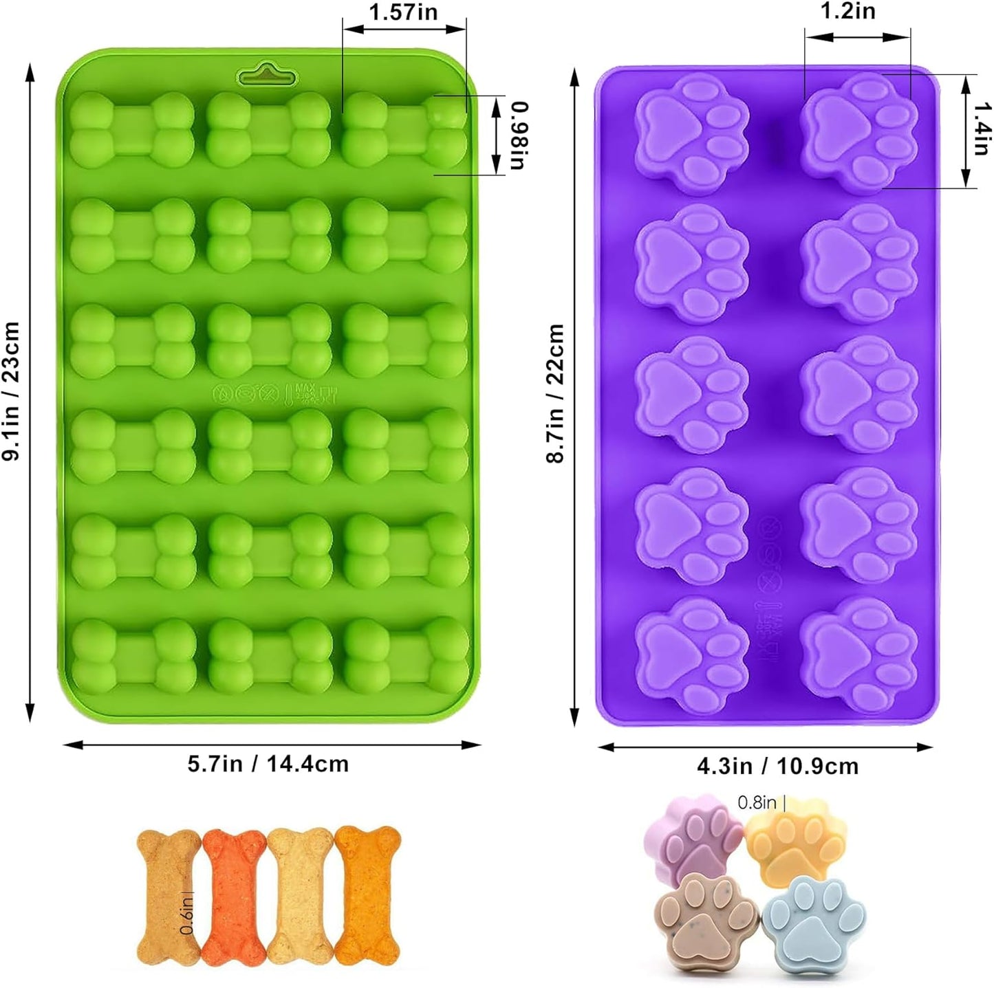 Set of 15 Non-Stick Silicone Dog Treat Molds - Paw and Bone Shapes, Ideal for Frozen Treats, Baking Jelly, Candy, Chocolate, Dog Snack Biscuits