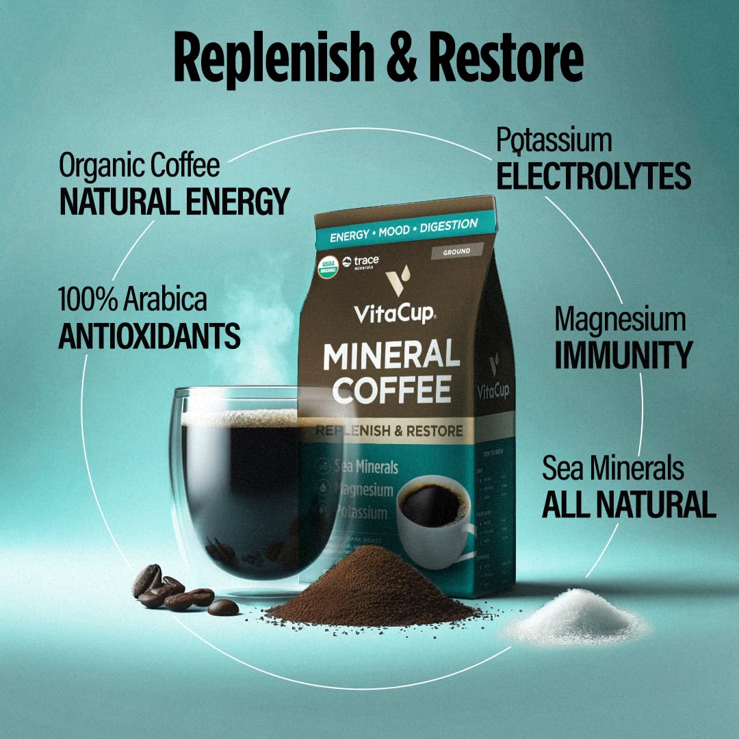 VitaCup Mineral Coffee with Trace Minerals, Hydrate, Replenish & Restore w/All Natural Sea Minerals, Electrolytes, Organic Coffee, Single Origin, Medium Dark Roast, Ground Coffee, 2 Bags 10oz Each