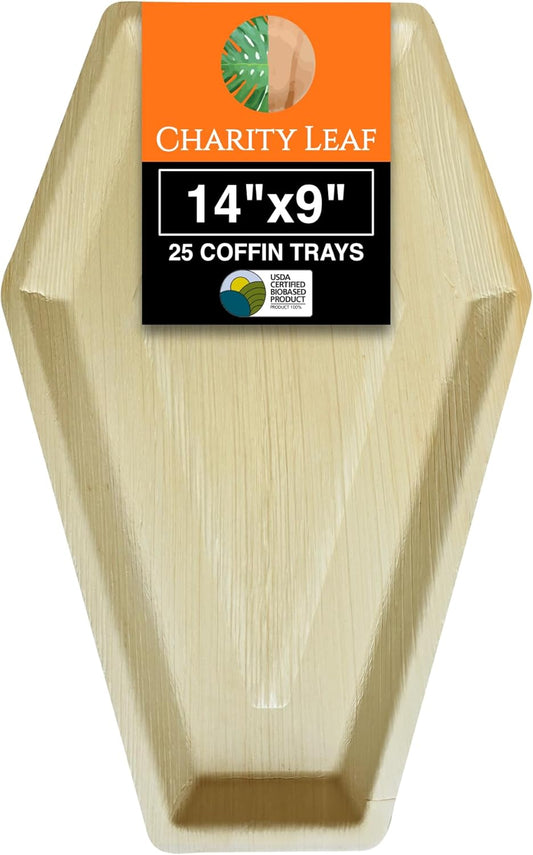 Charity Leaf Disposable Palm Leaf 14"x9" Coffin Trays (25 Pieces) Bamboo Like Serving Platters, Disposable Boards, Eco-Friendly Dinnerware for Christmas, Weddings, Catering, Events