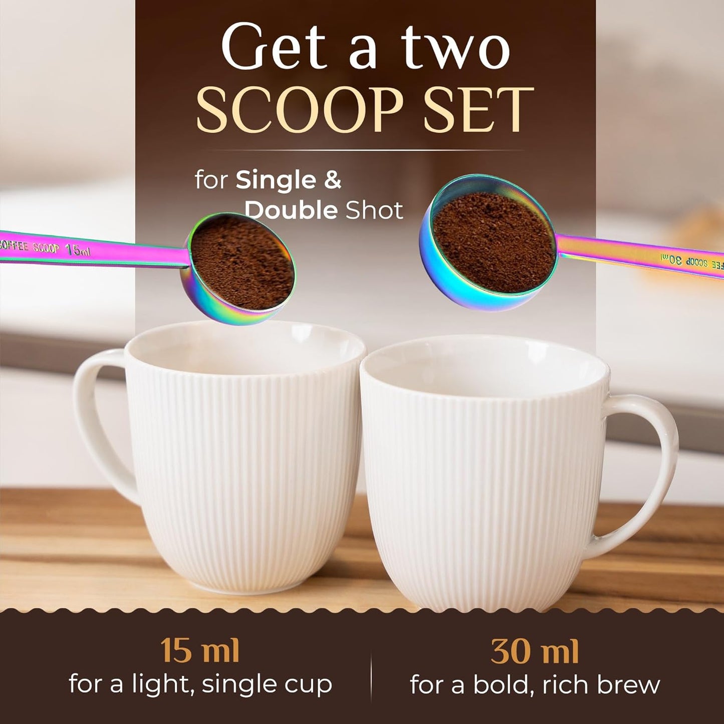 Orblue Premium Coffee Scoop Set - 1 Tbsp (15ml) & 2 Tbsp (30ml) Measuring Tablespoon - Stainless Steel Coffee Measuring Spoon and Scooper with Long Handles - Pack of 2, Multicolored