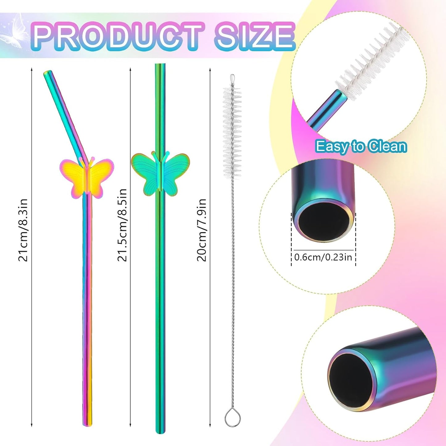 8 Pack 8" Reusable Stainless Steel Metal Straws Colorful, 4 Straight + 4 Bent Metal Drinking Straws for Tumblers Beverage Drink with Butterfly Charms and 1 Cleaning Brush