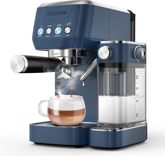 Cappuccino Machine 20 Bar, Professional Espresso Machines for Home and Office with Automatic Milk Frothering System, Barista Compact Latte Maker for Coffee Lovers, Stainless Steel-Blue