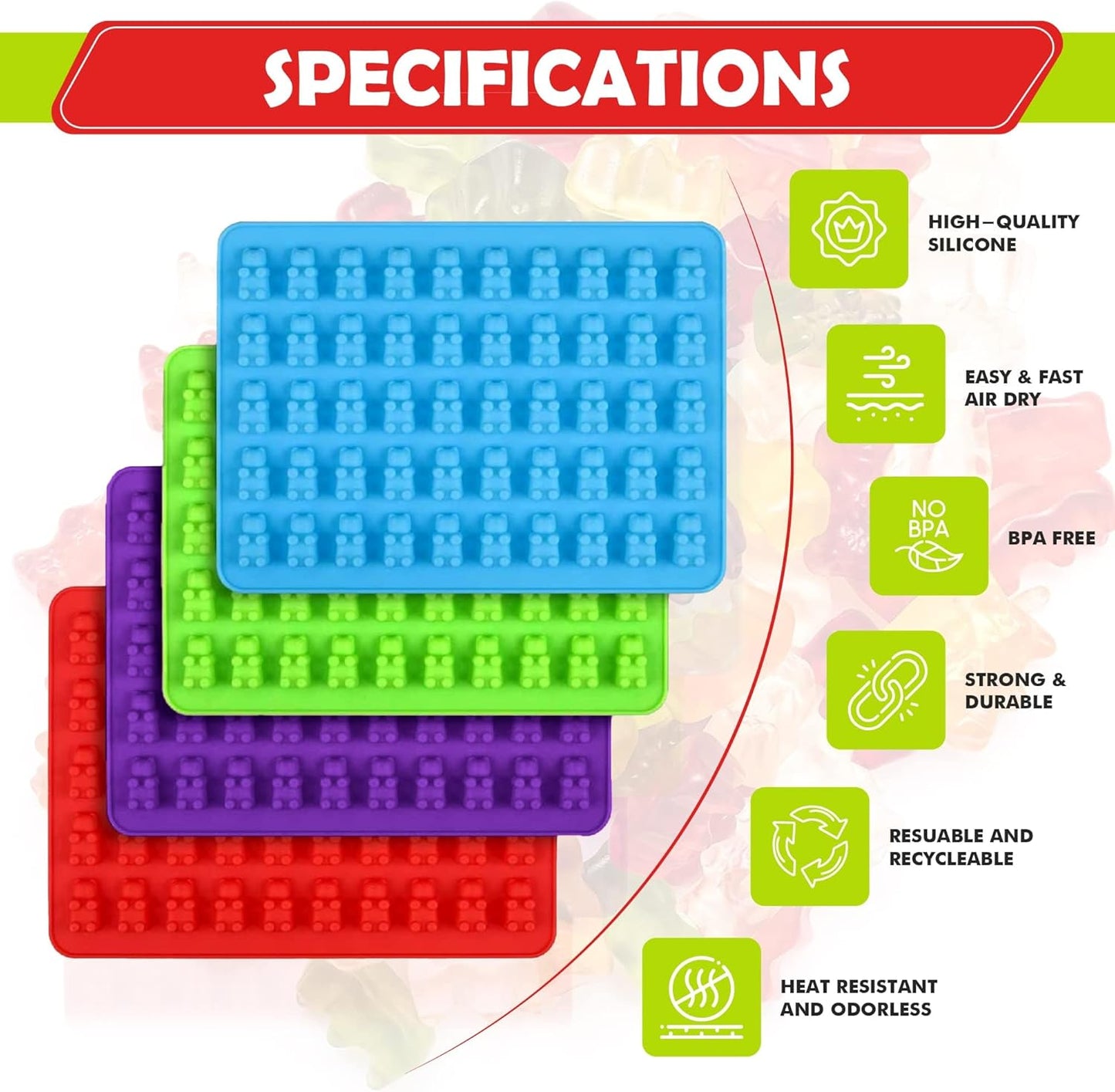 Gummy Bear Silicone Candy Molds - Set of 4 Gummy Bear Mold Trays with Dropper, Fun Making Gummy Bears with Non Stick Silicone Candy Molds, Perfect Silicone Molds for Gummy Bear Candy…