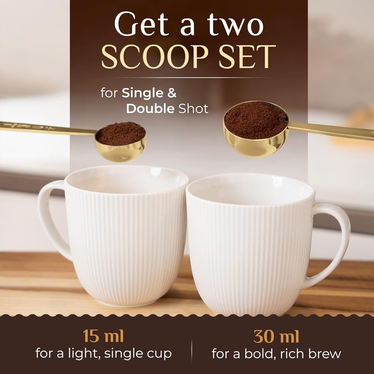 Orblue Premium Coffee Scoop Set - 1 Tbsp (15ml) & 2 Tbsp (30ml) Measuring Tablespoon - Stainless Steel Coffee Measuring Spoon and Scooper with Long Handles - Pack of 2 - Gold