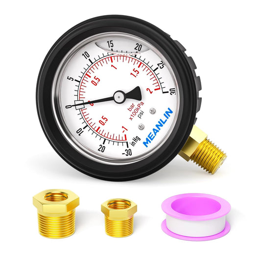 MEANLIN MEASURE -30inHG~30Psi Stainless Steel 1/4" NPT 2.5" FACE DIAL Vacuum Pressure Gauge, Lower Mount (with Rubber Protective Sleeve), with 1/2" NPT and 3/8" NPT Hex Bushing