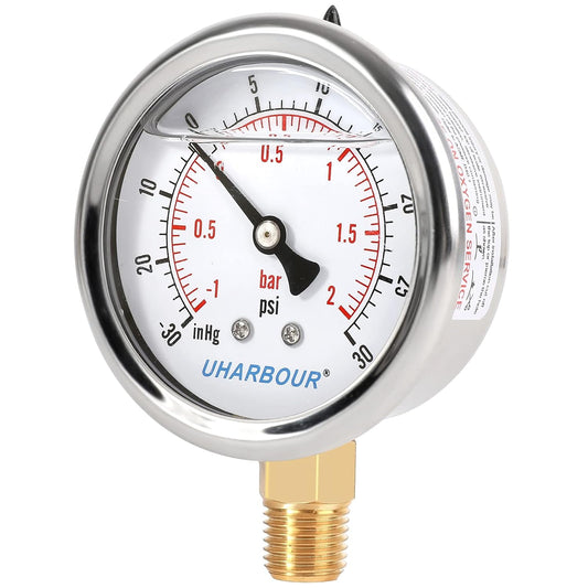 Glycerin Filled Vacuum Pressure Gauge, 2-1/2" Clear dial,1/4" NPT Bottom Connection, Stainless Steel Case, Brass Movement, Dual Scales -30HG/30PSI