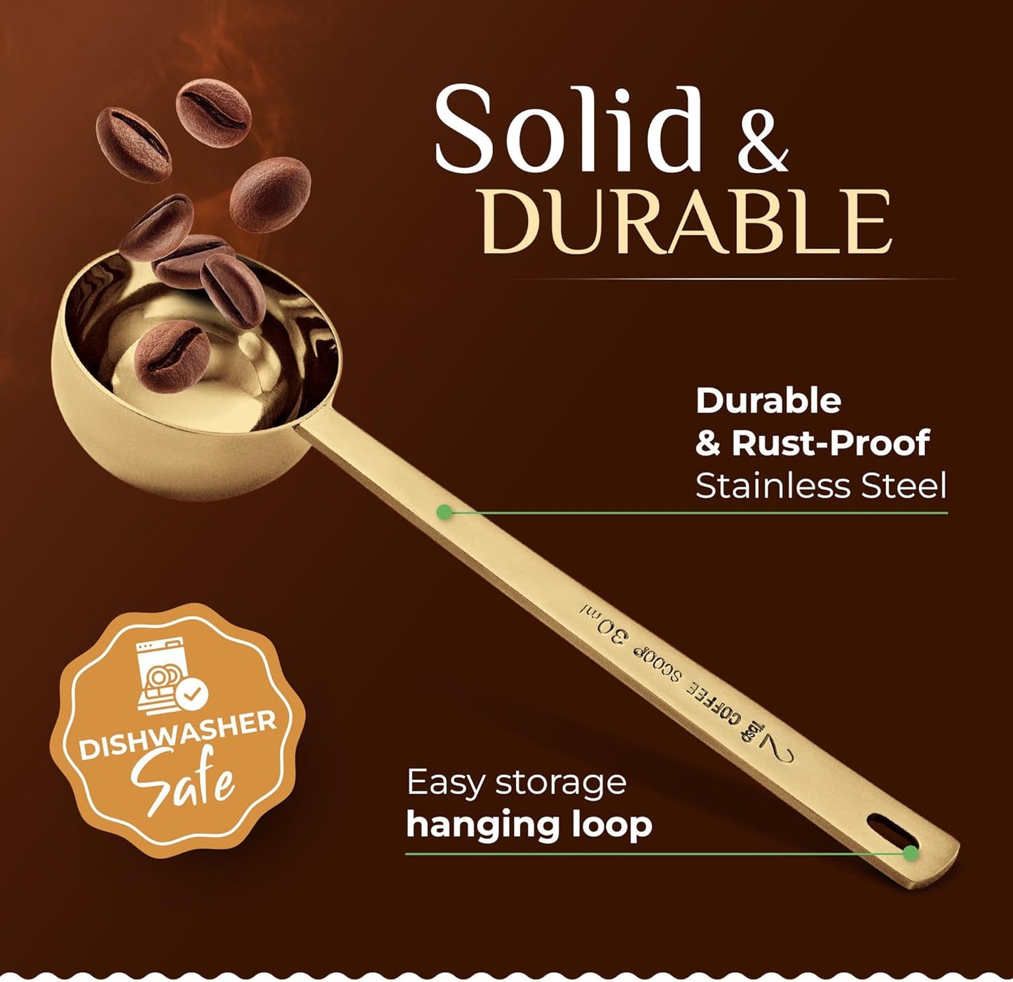 Orblue Premium Coffee Scoop Set - 1 Tbsp (15ml) & 2 Tbsp (30ml) Measuring Tablespoon - Stainless Steel Coffee Measuring Spoon and Scooper with Long Handles - Pack of 2 - Gold